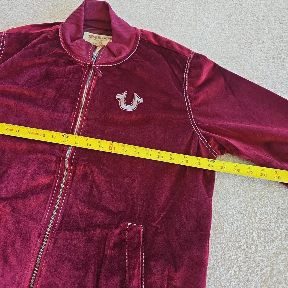 True Religion Jacket Men's S Burgundy Velvet Big T Mock Zip Up Broadway Gunmetal
